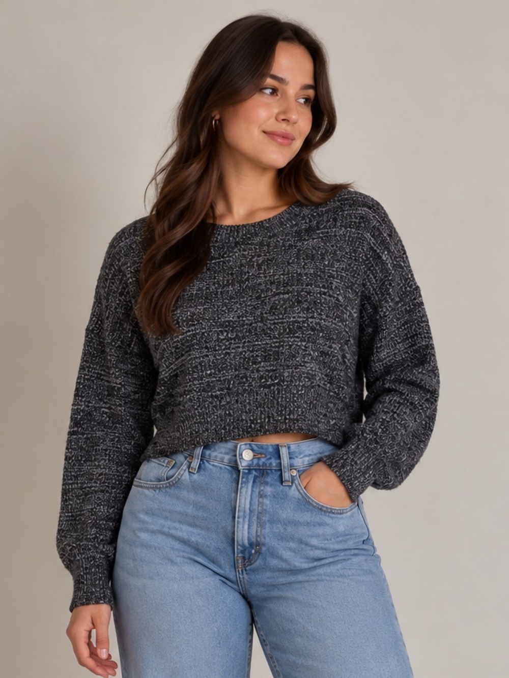 Garage Women’s Black Heather Crewneck Cropped Sweater